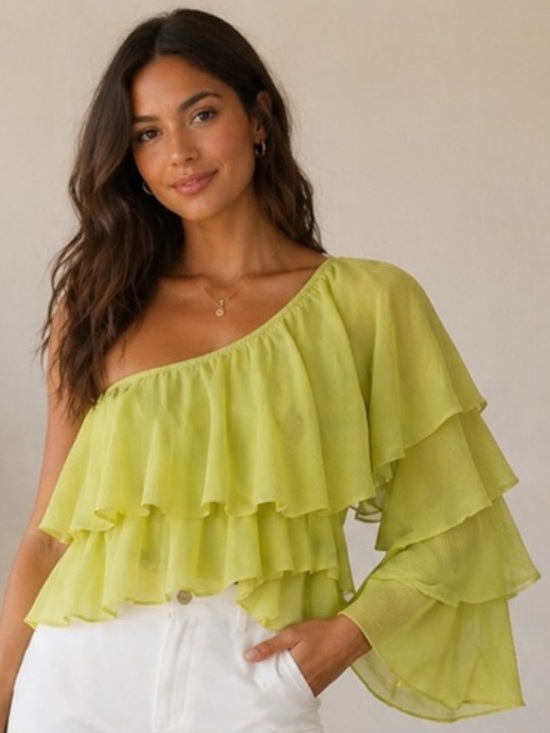 idem ditto Tops - One-Shoulder Lime Ruffle Blouse - Women